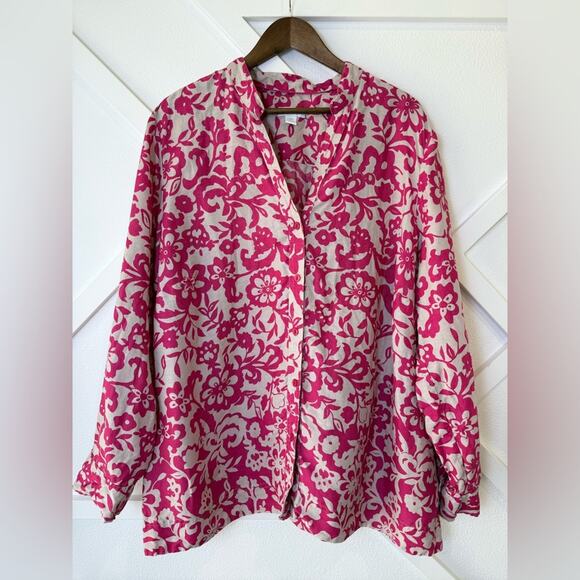 Charter Club Woman Pink & Cream Floral 100% Linen Button Down Blouse Size 24W - Picture 1 of 8